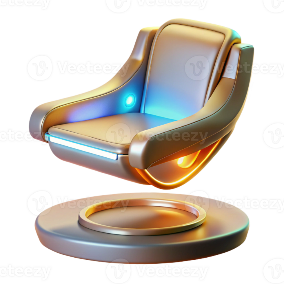 dramatic creative A futuristic, levitating chair with sleek lines, glowing accents, and a holographic control panel, floating in mid-air, lit by a soft, diffused orange light. Product design style 4K png