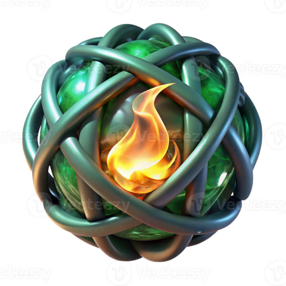 dramatic artistic Intricate Celtic knotwork glowing with emerald fire, woven around a crystal clear sphere, dark fantasy art style high resolution png