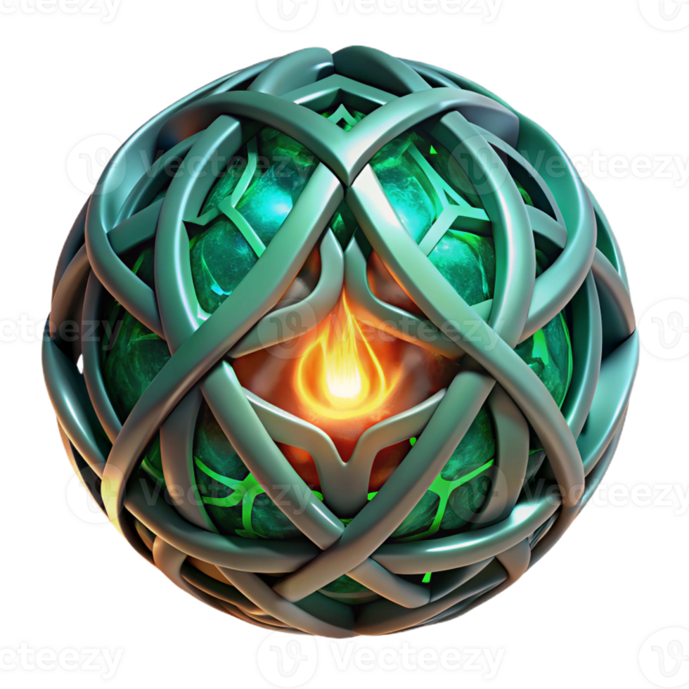 serene classic Intricate Celtic knotwork glowing with emerald fire, woven around a crystal clear sphere, dark fantasy art style original png