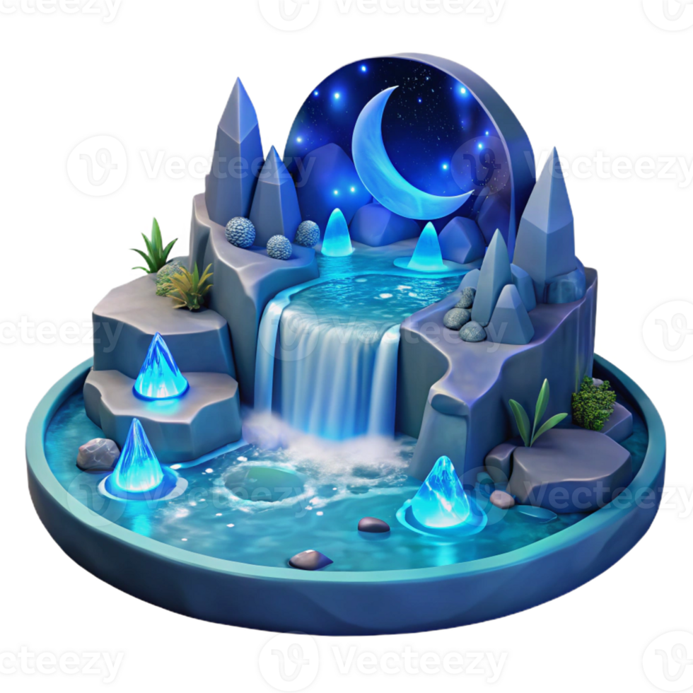 serene artistic A cascading waterfall of liquid moonlight flowing into a crystal pool, surrounded by bioluminescent flora, surrealism style high resolution png