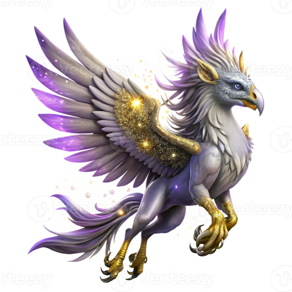 serene modern A majestic griffin with feathers of amethyst and gold, soaring through a nebula of swirling stardust, fantasy art style premium png