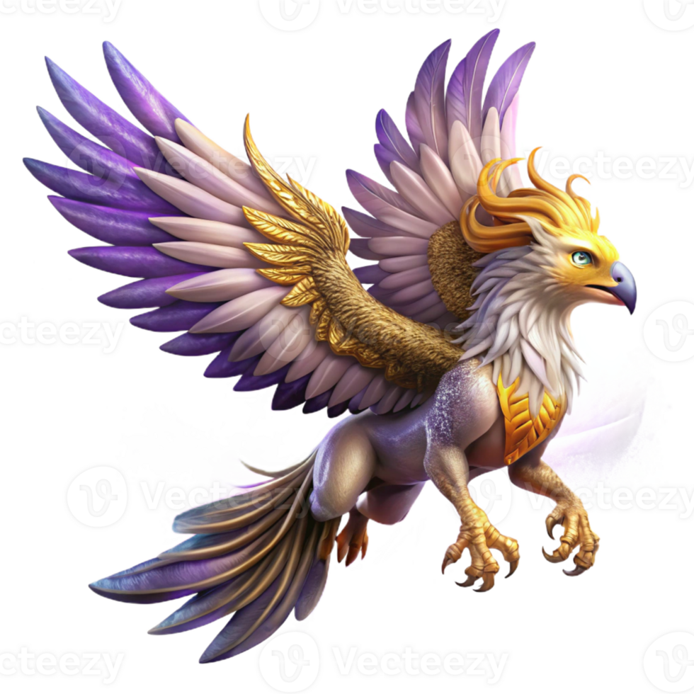 impressive modern A majestic griffin with feathers of amethyst and gold, soaring through a nebula of swirling stardust, fantasy art style professional png