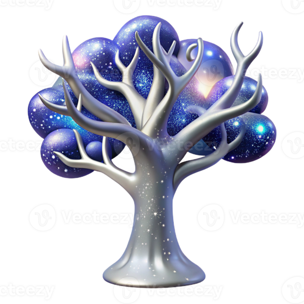 extraordinary creative A majestic tree with branches of pure silver reaching towards a sky filled with swirling galaxies, space art style exclusive png