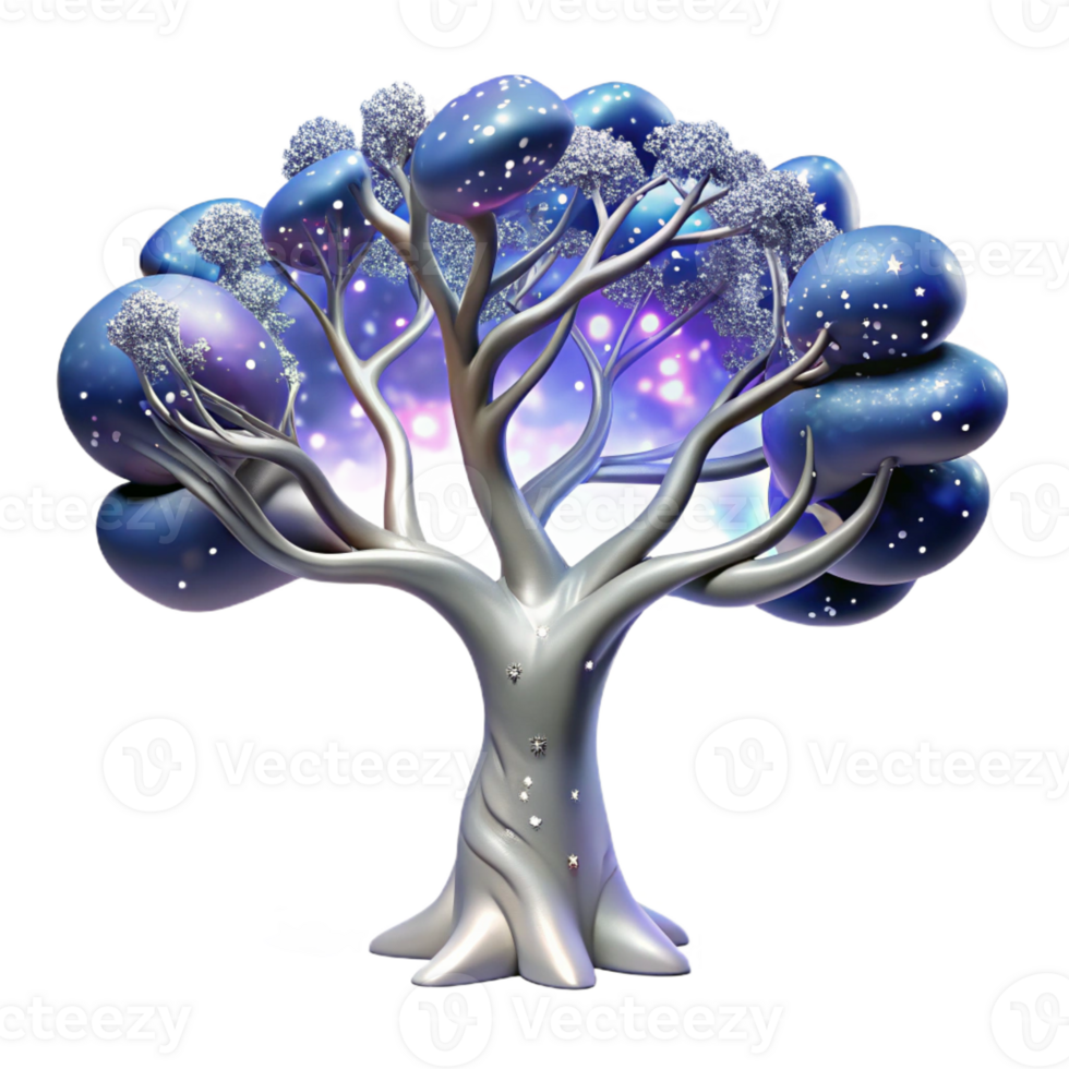 serene traditional A majestic tree with branches of pure silver reaching towards a sky filled with swirling galaxies, space art style original png