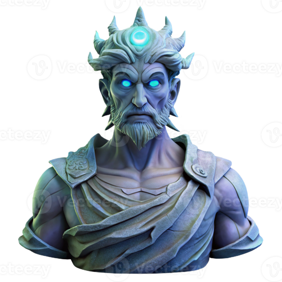 serene classic An ancient, crumbling statue of a forgotten god, radiating a faint, otherworldly aura, dark fantasy art style genuine png