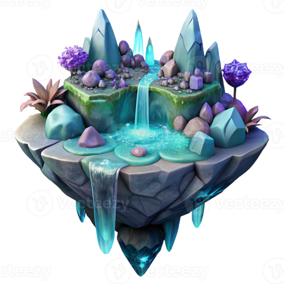 vibrant minimalist A floating island of crystalline rock, adorned with waterfalls of liquid light and ethereal flora, fantasy art style authentic png