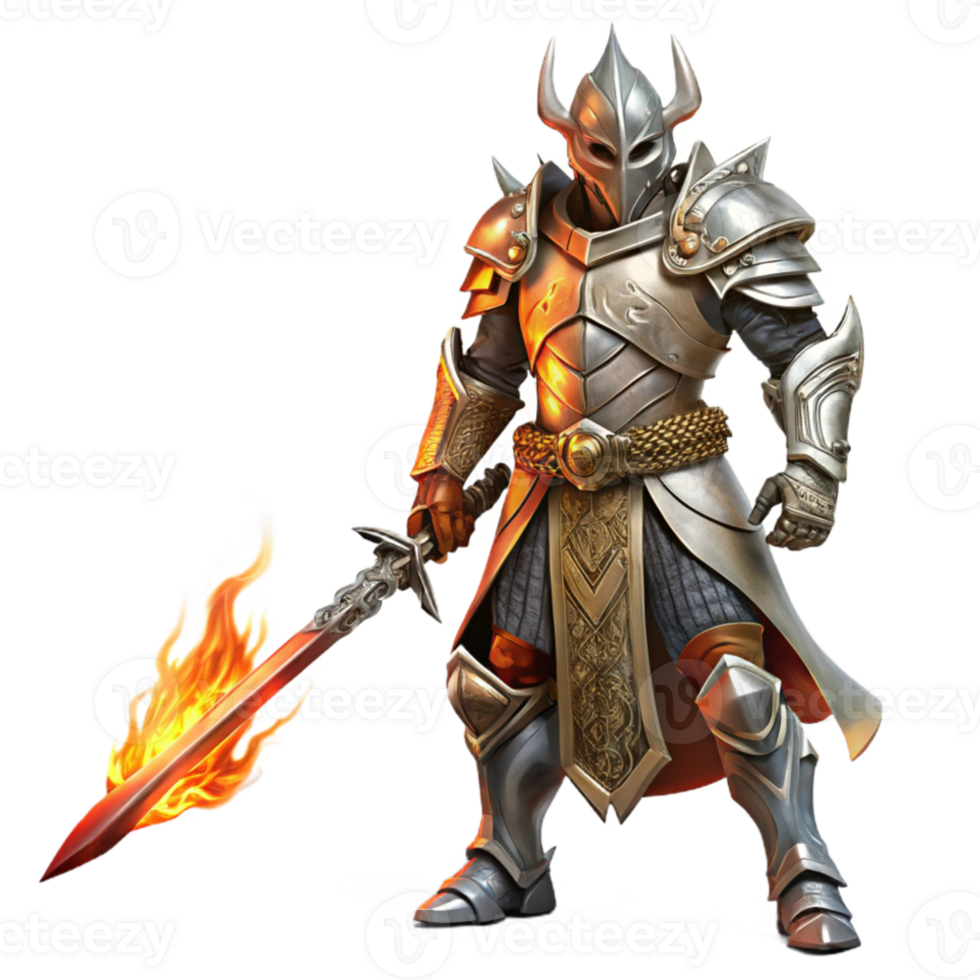 dramatic creative A lone warrior in ornate silver armor, wielding a flaming sword, dark and moody lighting, digital painting style genuine png