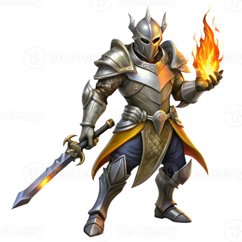 vibrant traditional A lone warrior in ornate silver armor, wielding a flaming sword, dark and moody lighting, digital painting style high quality png