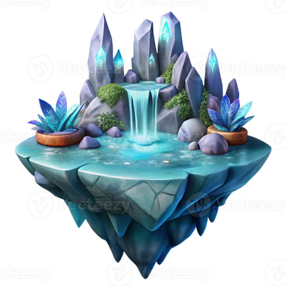 impressive creative A floating island of crystalline rock, adorned with waterfalls of liquid light and ethereal flora, fantasy art style genuine png