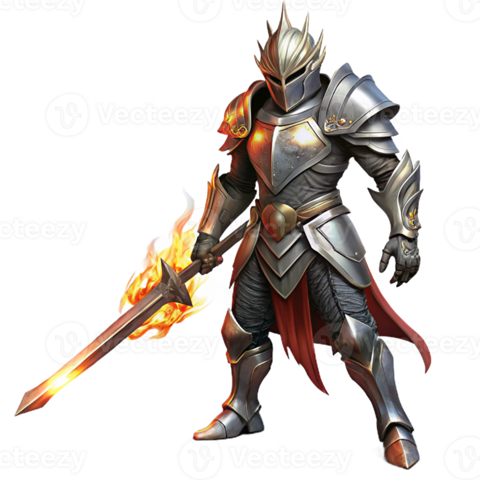 vibrant contemporary A lone warrior in ornate silver armor, wielding a flaming sword, dark and moody lighting, digital painting style high resolution png