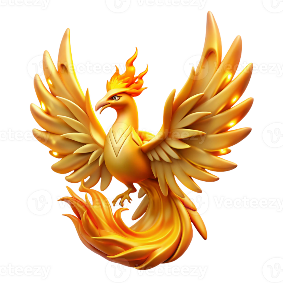 vibrant modern A majestic phoenix rising from a pyre of golden flames, its feathers shimmering with iridescent light, fantasy art style premium png