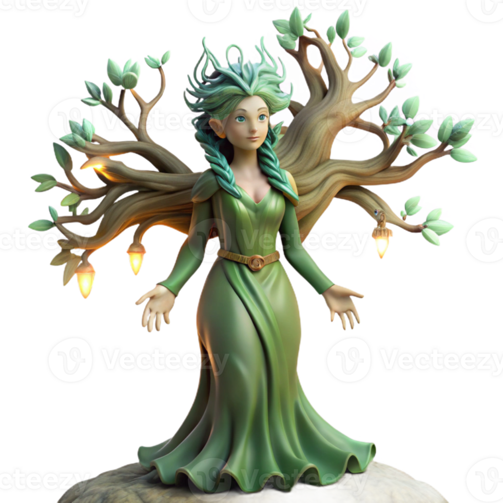 serene traditional A serene dryad emerging from an ancient oak tree, ethereal lighting, pre-Raphaelite style detailed png