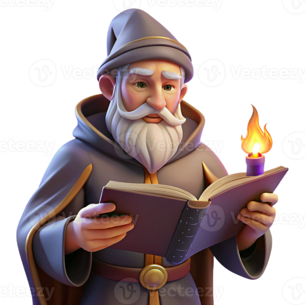 stunning contemporary A wise old wizard reading a spellbook, warm firelight, classical painting style detailed png