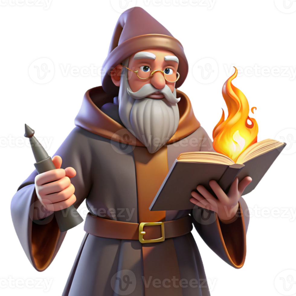 wonderful vintage A wise old wizard reading a spellbook, warm firelight, classical painting style premium png