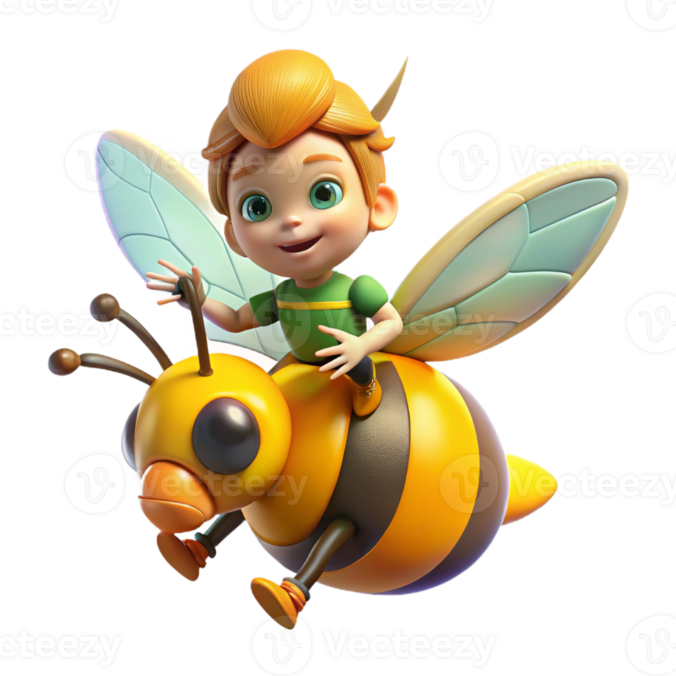 vibrant abstract A playful pixie riding a giant bumblebee, vibrant and colorful lighting, cartoon style 4K png