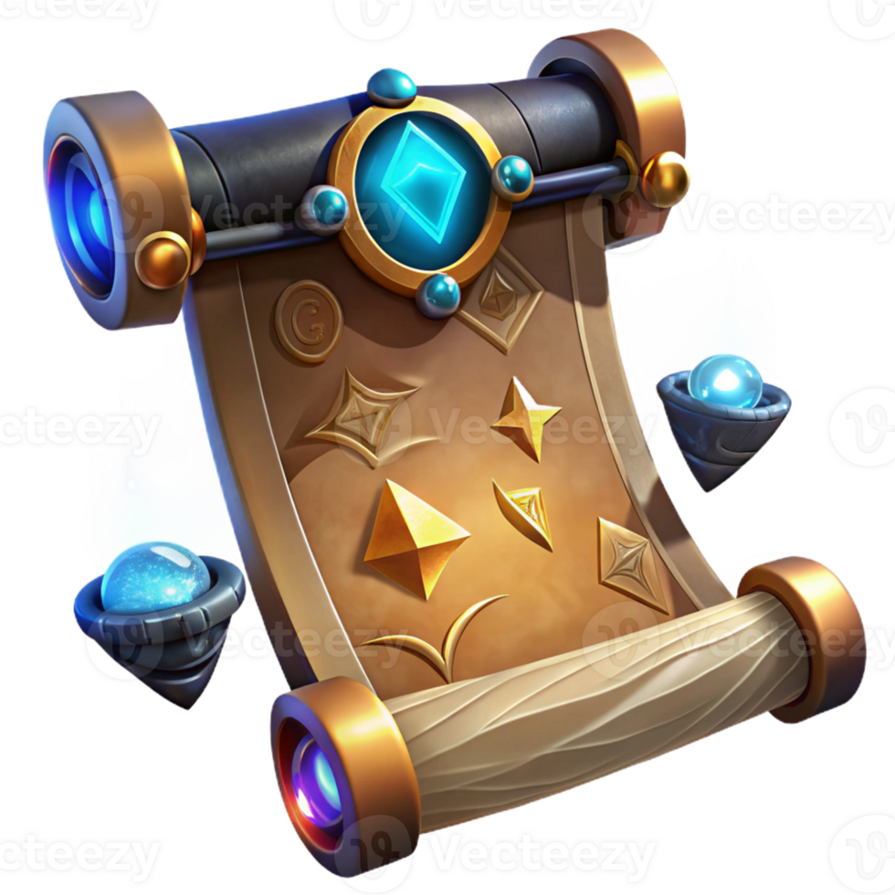 wonderful creative An ancient scroll inscribed with glowing runes, levitating above a table of arcane artifacts, fantasy art style exclusive png