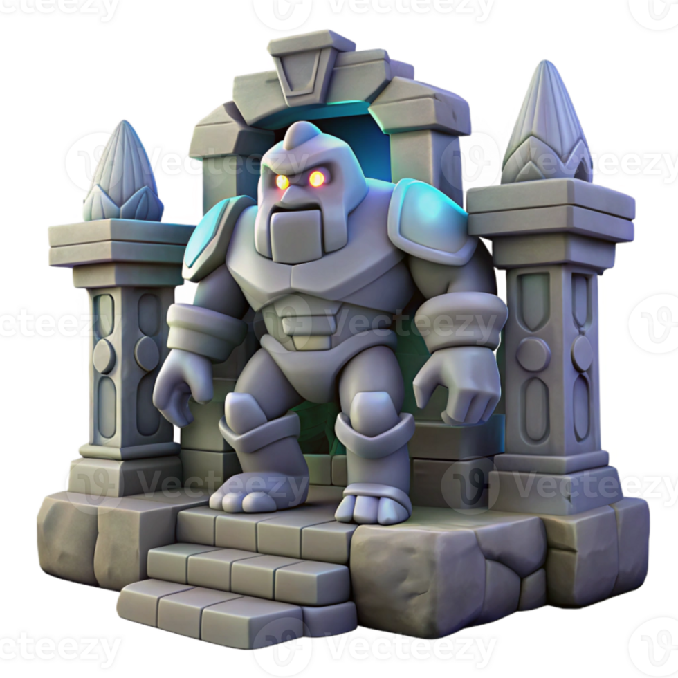 impressive minimalist A stoic stone golem guarding a hidden temple, mysterious and shadowy lighting, concept art style high quality png