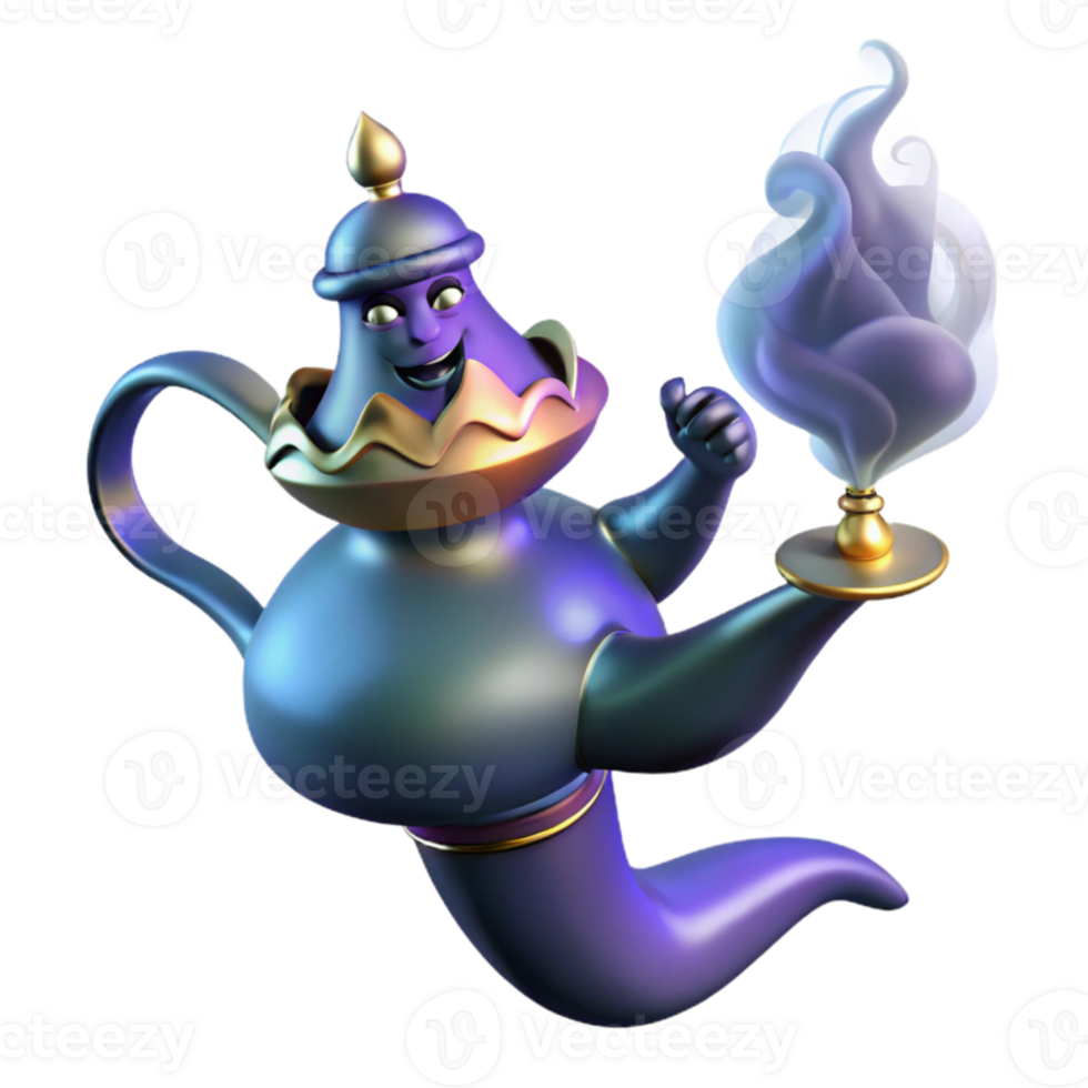 vibrant vintage A powerful djinn emerging from a magic lamp, smoky and mysterious lighting, Arabian Nights style professional png