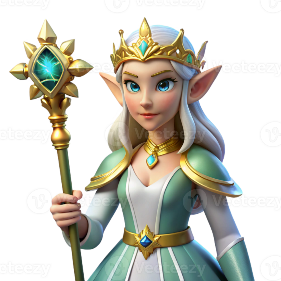elegant abstract A regal elf queen holding a jeweled scepter, soft and elegant lighting, fantasy romance style premium png