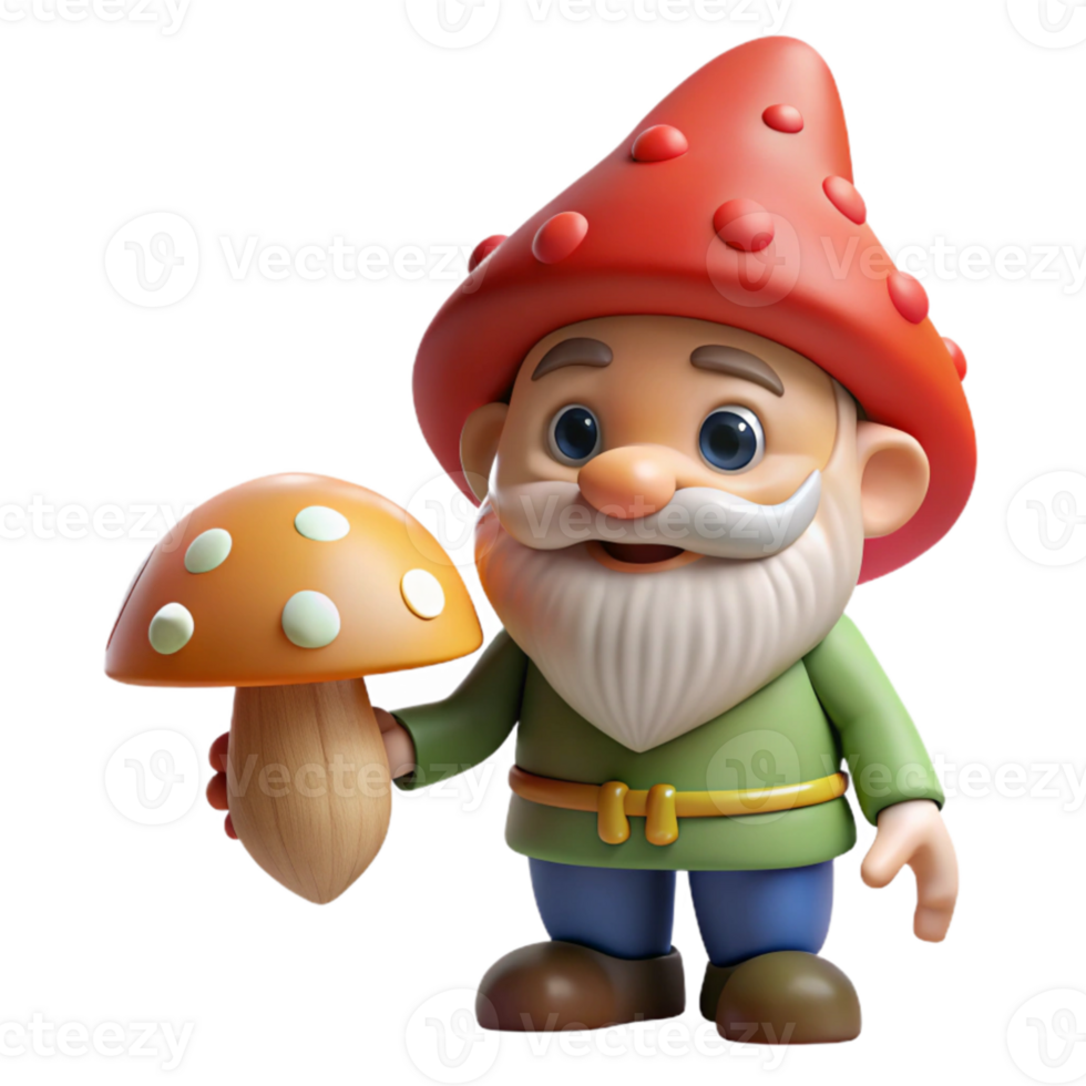 serene classic A curious gnome examining a magical mushroom, soft dappled lighting, children's book illustration style exclusive png