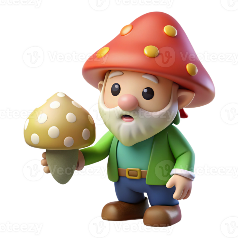 beautiful classic A curious gnome examining a magical mushroom, soft dappled lighting, children's book illustration style high quality png