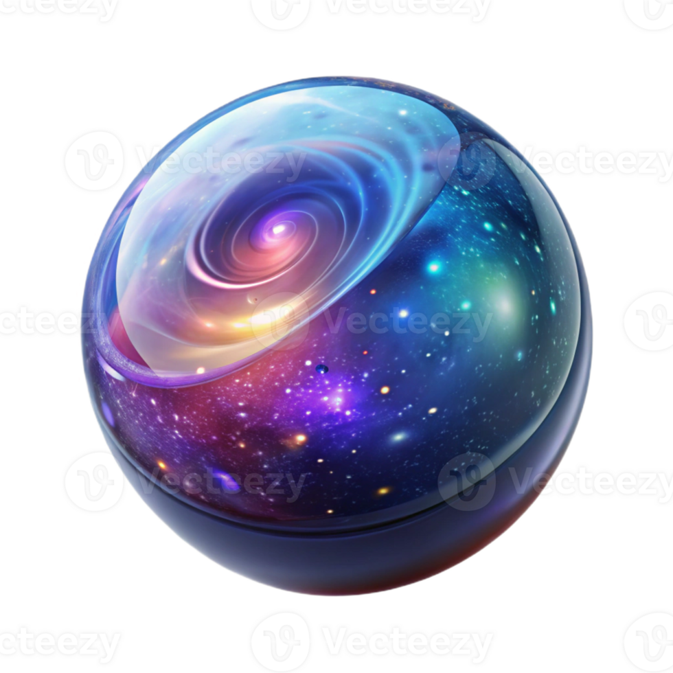 stunning classic A delicate glass sphere containing a miniature galaxy swirling with vibrant nebulae, space art style 4K png