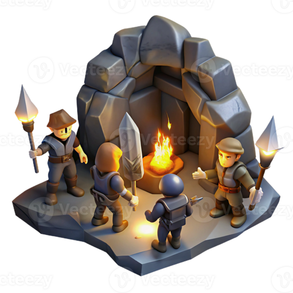 magnificent minimalist A group of adventurers exploring a dark cave, torchlight, dungeon crawler style high resolution png