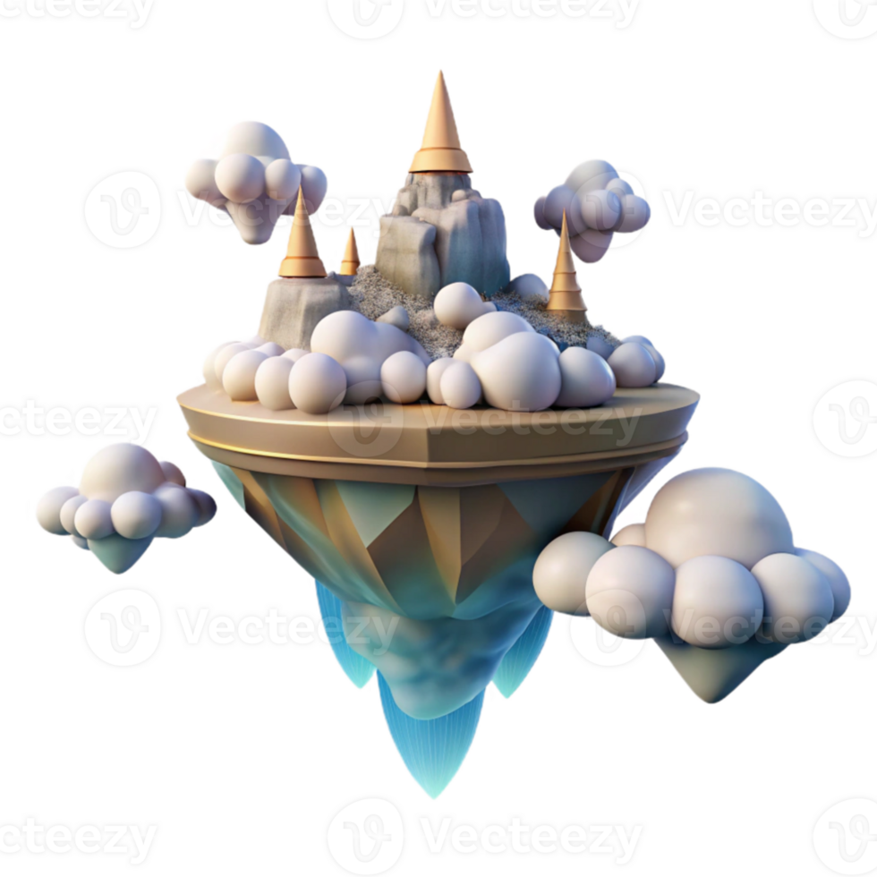 wonderful minimalist A floating island in the sky, surrounded by clouds, dreamy and ethereal lighting, fantasy landscape style high quality png