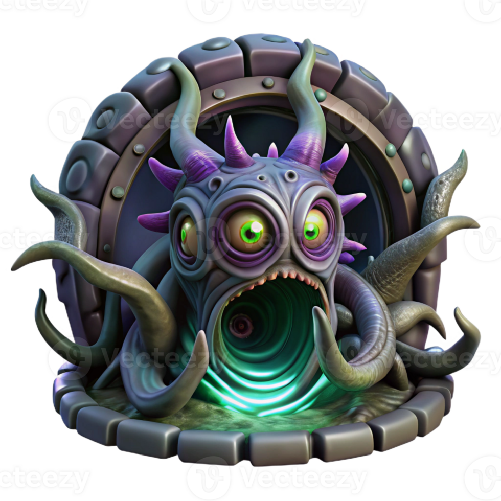 beautiful modern A giant, biomechanical creature, with glowing eyes and metallic tentacles, emerges from a swirling portal. Dark, ominous lighting, detailed textures high quality png