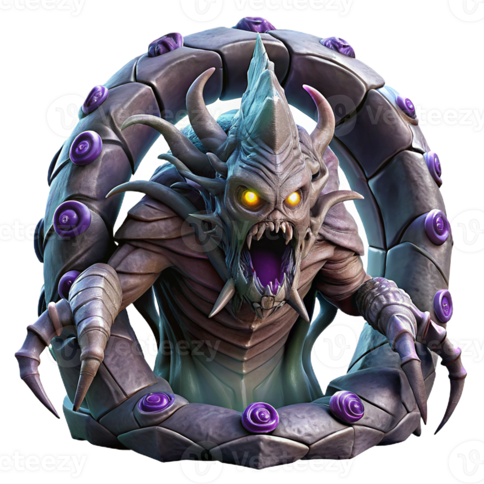 vibrant modern A giant, biomechanical creature, with glowing eyes and metallic tentacles, emerges from a swirling portal. Dark, ominous lighting, detailed textures premium png
