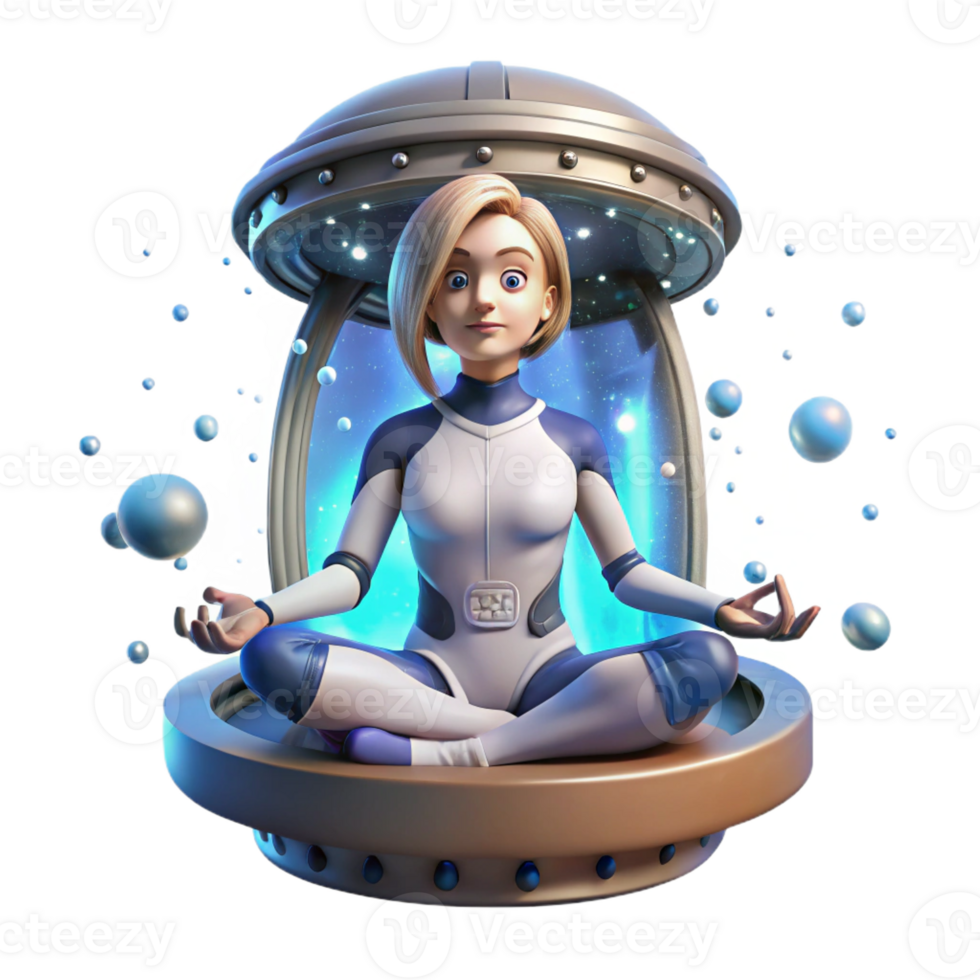 elegant contemporary A young woman with cybernetic implants, meditating in a zero-gravity chamber, surrounded by glowing particles. Peaceful, serene lighting, ethereal atmosphere high quality png