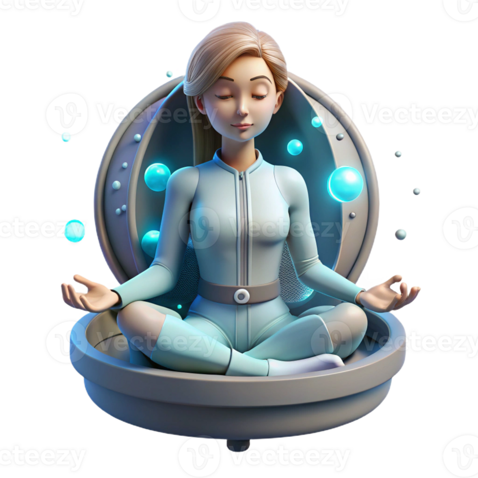 wonderful abstract A young woman with cybernetic implants, meditating in a zero-gravity chamber, surrounded by glowing particles. Peaceful, serene lighting, ethereal atmosphere exclusive png
