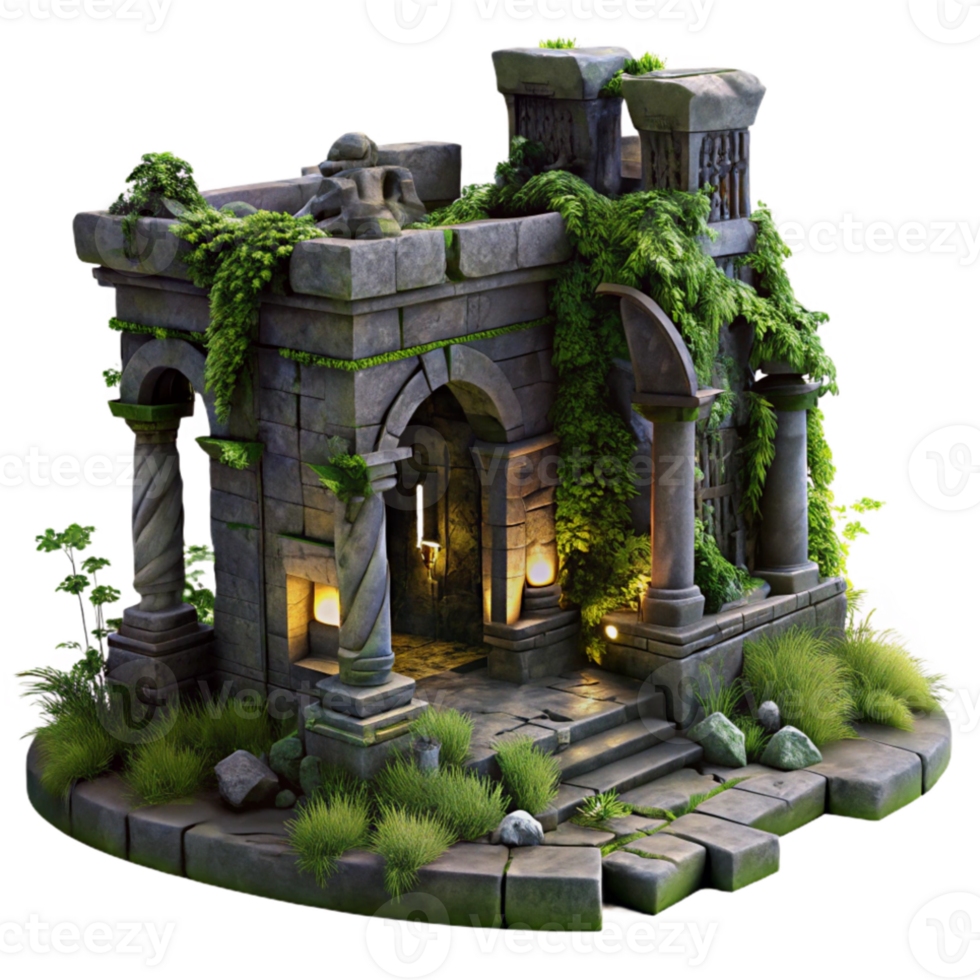 magnificent abstract A crumbling ancient ruin overgrown with vines, mysterious and atmospheric lighting, dark fantasy style detailed png