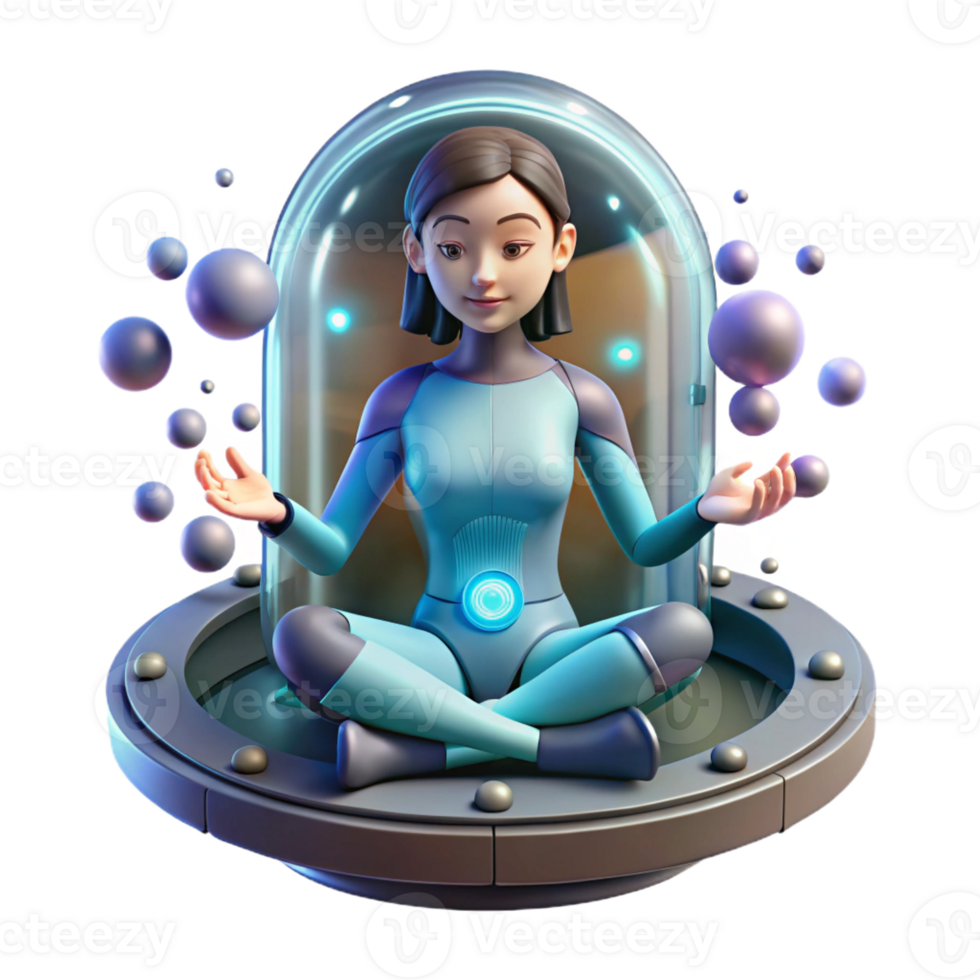 impressive artistic A young woman with cybernetic implants, meditating in a zero-gravity chamber, surrounded by glowing particles. Peaceful, serene lighting, ethereal atmosphere genuine png