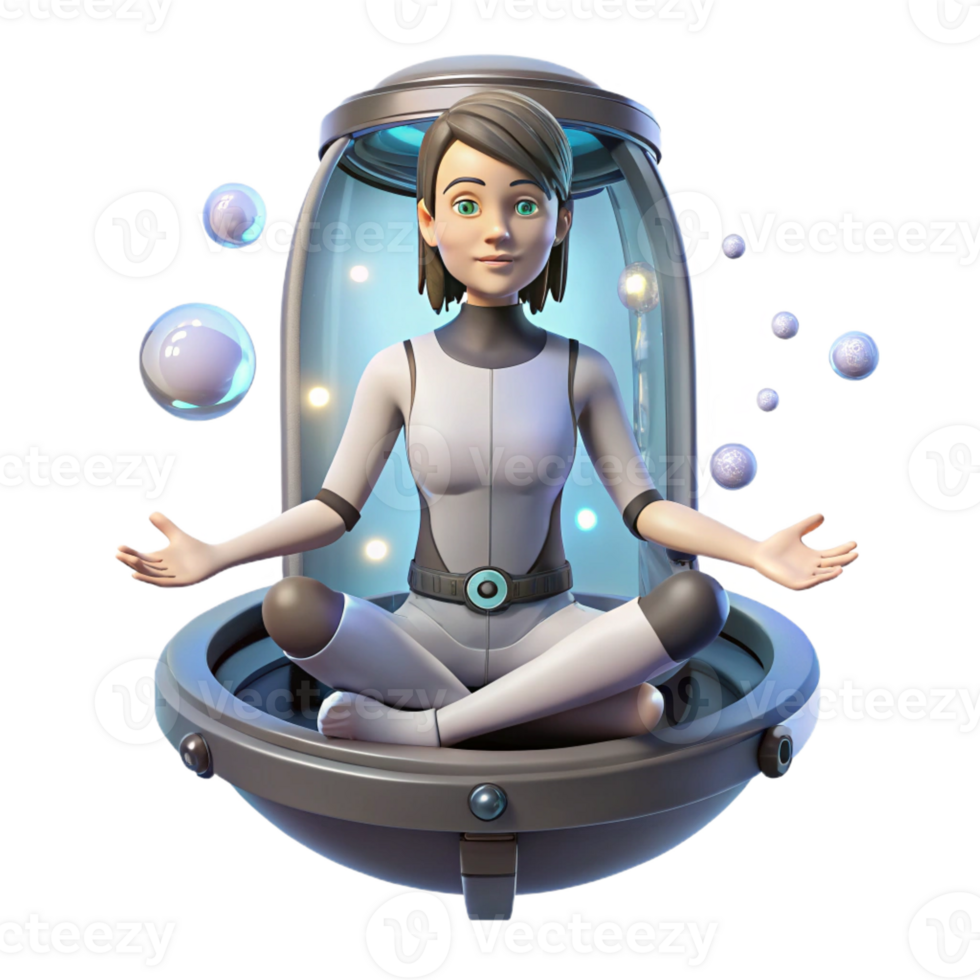 dramatic creative A young woman with cybernetic implants, meditating in a zero-gravity chamber, surrounded by glowing particles. Peaceful, serene lighting, ethereal atmosphere 4K png