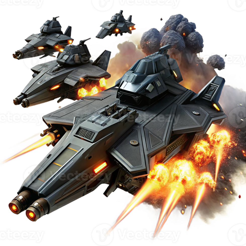 vibrant minimalist A fleet of sleek, black spaceships, armed with energy cannons, engages in a fierce battle against a backdrop of a fiery nebula. Dramatic lighting, action-packed composition premium png