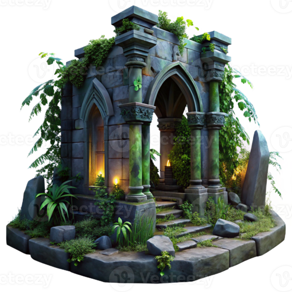 wonderful classic A crumbling ancient ruin overgrown with vines, mysterious and atmospheric lighting, dark fantasy style authentic png