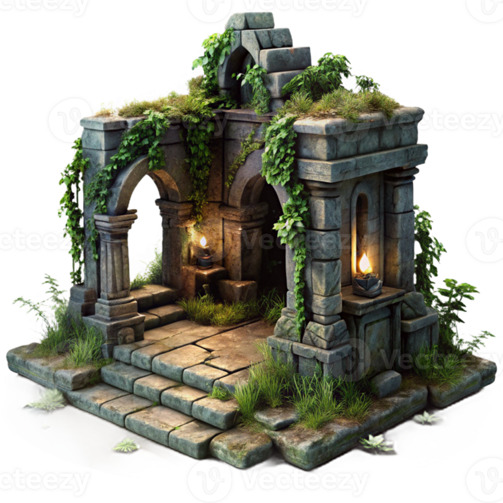 serene artistic A crumbling ancient ruin overgrown with vines, mysterious and atmospheric lighting, dark fantasy style genuine png