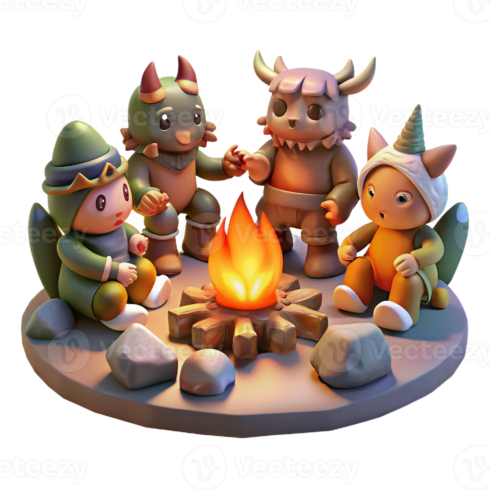 extraordinary creative A group of mythical creatures gathered around a campfire, warm and inviting lighting, fantasy art style detailed png