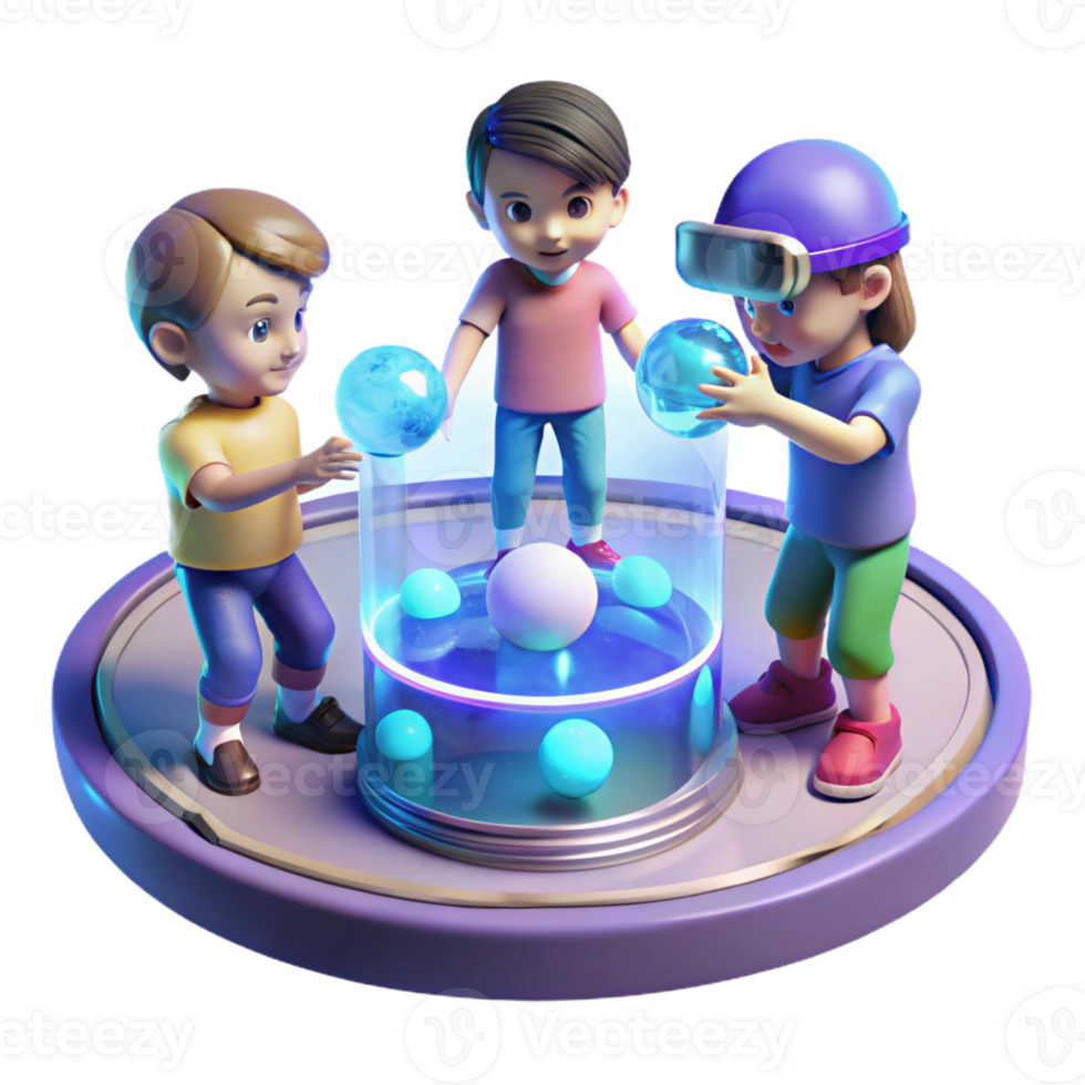 serene contemporary A group of children, playing with holographic toys in a futuristic playground. Bright, cheerful lighting, playful atmosphere detailed png