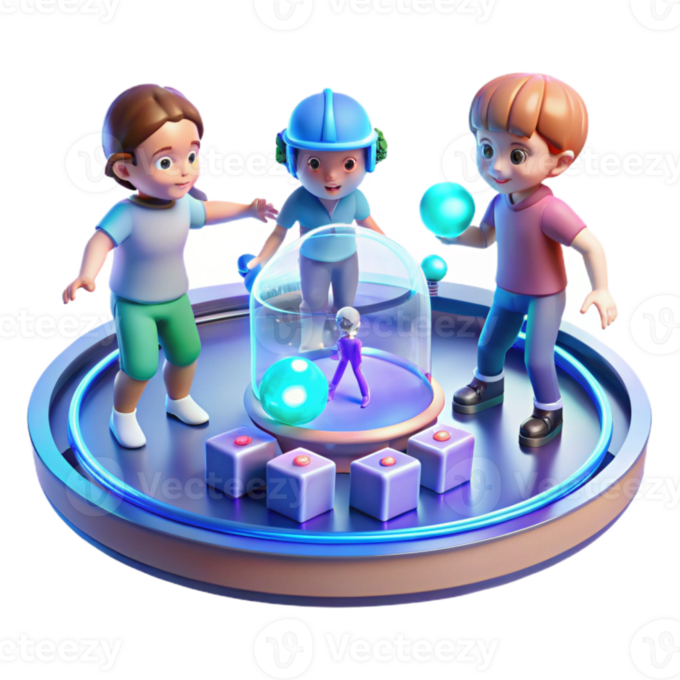 extraordinary contemporary A group of children, playing with holographic toys in a futuristic playground. Bright, cheerful lighting, playful atmosphere premium png