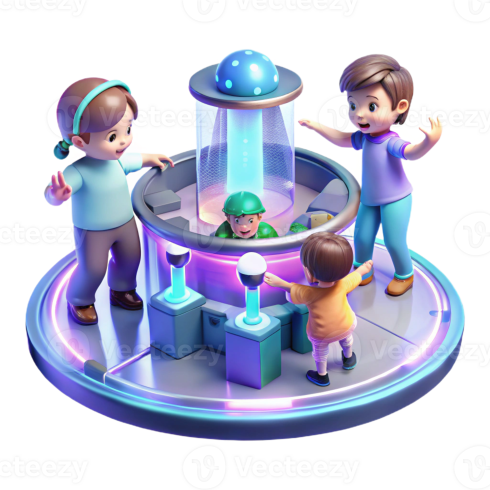 extraordinary rustic A group of children, playing with holographic toys in a futuristic playground. Bright, cheerful lighting, playful atmosphere high quality png
