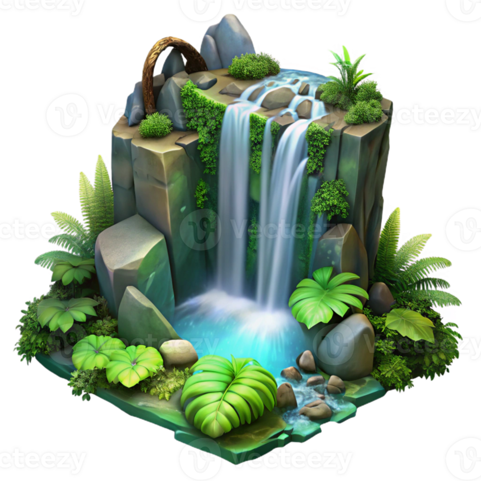 impressive rustic A cascading waterfall surrounded by lush green moss and ferns, fantasy art style, ethereal lighting, high quality png