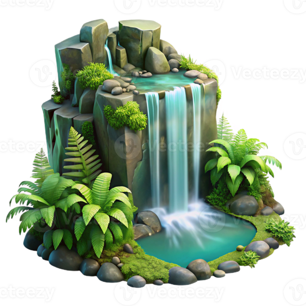 impressive vintage A cascading waterfall surrounded by lush green moss and ferns, fantasy art style, ethereal lighting, original png