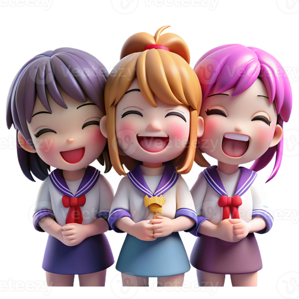 serene contemporary A group of chibi-style schoolgirls in sailor uniforms share a laugh, vibrant pastel colors and exaggerated expressions. Soft, diffused lighting. Moe anime style original png