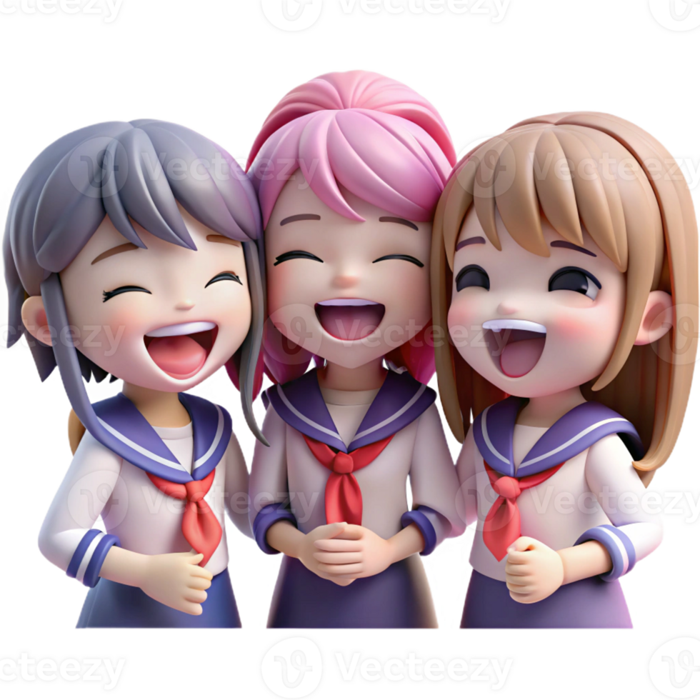 impressive creative A group of chibi-style schoolgirls in sailor uniforms share a laugh, vibrant pastel colors and exaggerated expressions. Soft, diffused lighting. Moe anime style original png