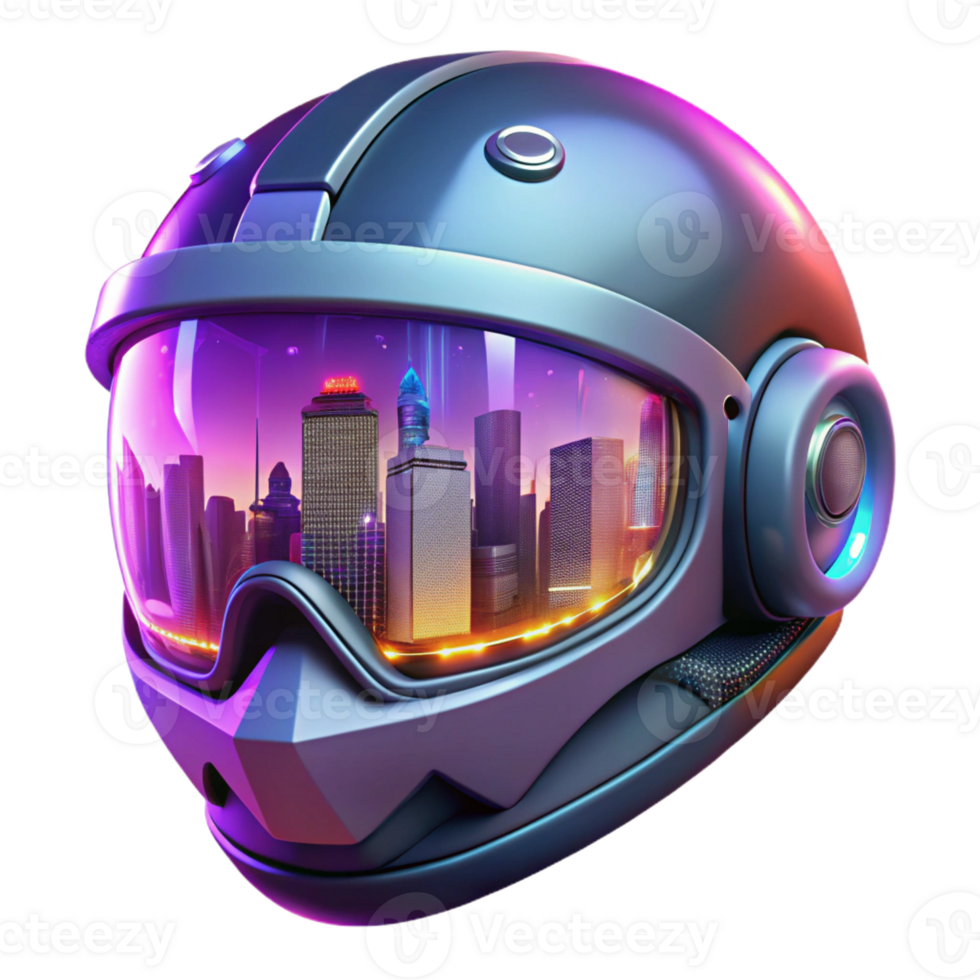 vibrant creative A futuristic cityscape with flying cars and neon signs reflects in the visor of a sleek motorcycle helmet. Bright, neon lighting. Cyberpunk anime style 4K png