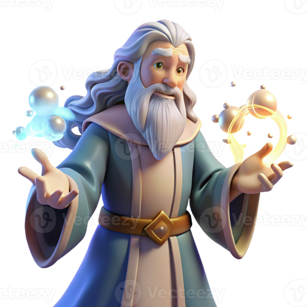 beautiful minimalist An elderly wizard with a long white beard casts a spell, surrounded by swirling magical runes. Bright, magical lighting. Fantasy anime style high resolution png