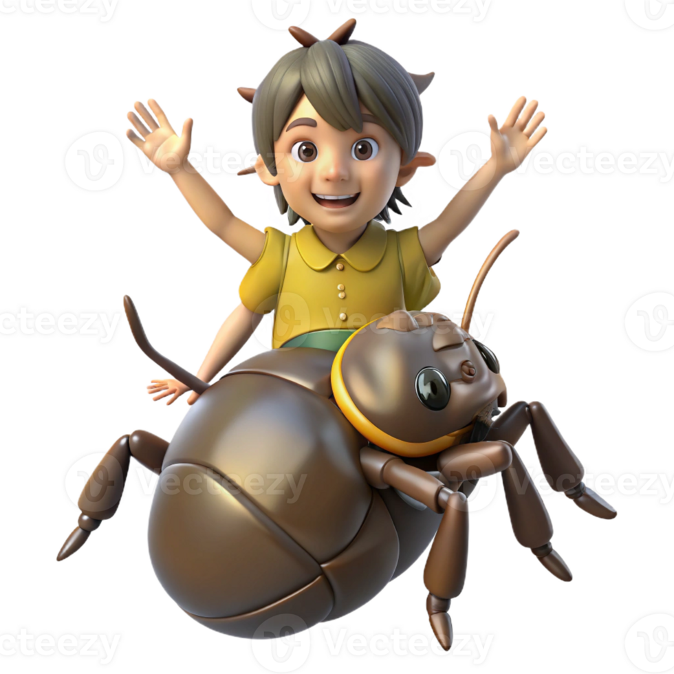 vibrant traditional A young boy with spiky brown hair rides a giant beetle through a lush forest. Dappled sunlight filters through the trees. Isekai anime style genuine png