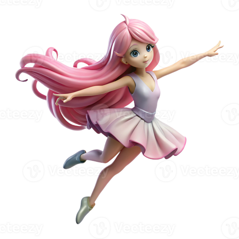 serene artistic A graceful ballerina with long flowing pink hair performs a pirouette. Soft, stage lighting. Shoujo anime style 4K png